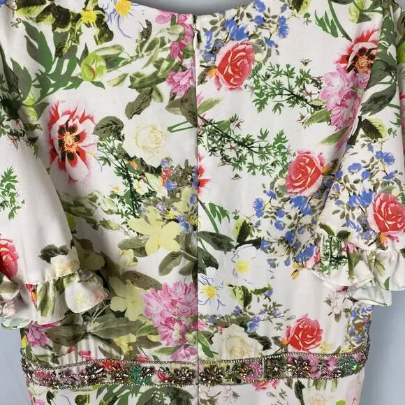 Mac Duggal Floral Print Faux Wrap Flutter Sleeve A Line Gown Floral SIze 12 9079 - Picture 12 of 14